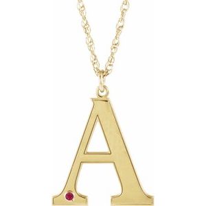 14K Yellow Engravable Imitation Ruby Initial A 18" Necklace