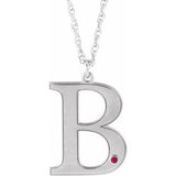 10K White Engravable Imitation Ruby Initial B 18" Necklace