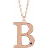 14K Rose Engravable Imitation Blue Sapphire Initial B 18" Necklace