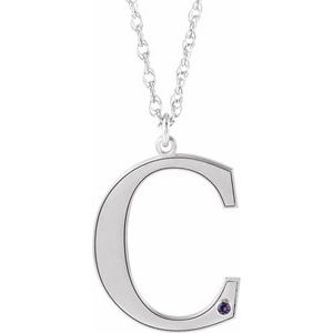 Rhodium-Plated Sterling Silver Engravable Imitation Alexandrite Initial C 18" Necklace