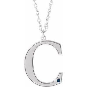 10K White Engravable Imitation Blue Sapphire Initial C 18" Necklace