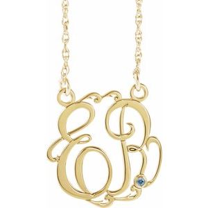 10K Yellow 20 mm 2-Initials Imitation Aquamarine Script Monogram 18" Necklace