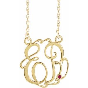 10K Yellow 20 mm 2-Initials Imitation Ruby Script Monogram 18" Necklace