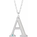 10K White Engravable Imitation Blue Zircon Initial A 18" Necklace