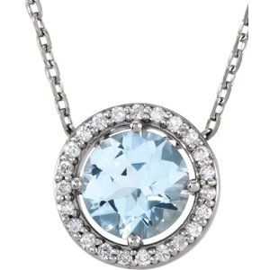 Platinum Natural Aquamarine & .05 CTW Natural Diamond Halo-Style 16" Necklace