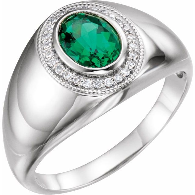 14K White Lab-Grown Emerald & 1/8 CTW Natural Diamond Halo-Style Ring
