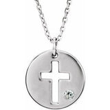 14K White .03 CT Natural Diamond Pierced Cross Disc 16-18" Necklace