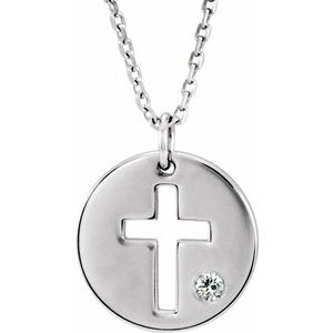 14K White .03 CT Natural Diamond Pierced Cross Disc 16-18" Necklace