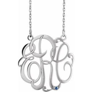 Rhodium-Plated Sterling Silver 30 mm 3-Initials Imitation Blue Sapphire Script Monogram 18" Necklace