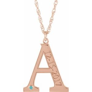 14K Rose Engravable Imitation Blue Zircon Initial A 18" Necklace