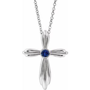 Sterling Silver Natural Blue Sapphire Cross 16-18" Necklace