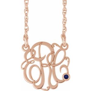 14K Rose 20 mm 3-Initials Imitation Blue Sapphire Script Monogram 18" Necklace