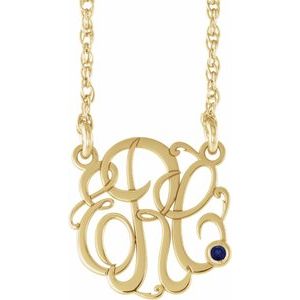 10K Yellow 25 mm 3-Initials Imitation Blue Sapphire Script Monogram 18" Necklace