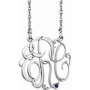 10K White 20 mm 3-Initials Imitation Blue Sapphire Script Monogram 18" Necklace