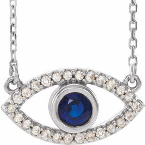 Sterling Silver Natural Blue Sapphire & Natural White Sapphire Evil Eye 16" Necklace