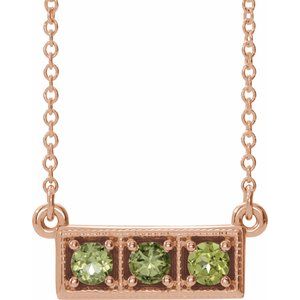 14K Rose Natural Peridot Three-Stone Bar 16-18" Necklace