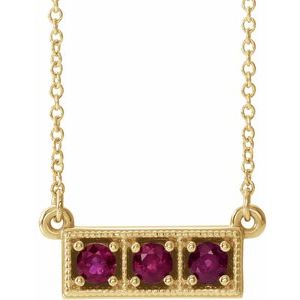 14K Yellow Lab-Grown Ruby Three-Stone Bar 16-18" Necklace