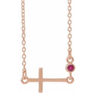 14K Rose Natural Ruby Sideways Cross 16-18" Necklace