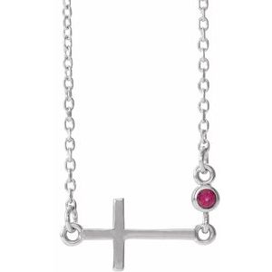 14K White Natural Ruby Sideways Cross 16-18" Necklace
