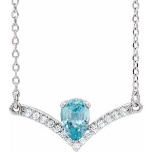 Platinum Natural Blue Zircon & .06 CTW Natural Diamond 16" Necklace
