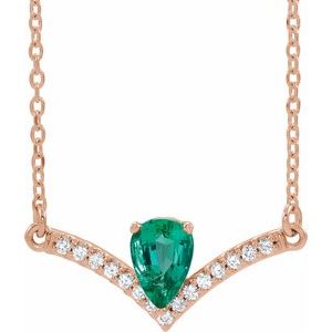 14K Rose Lab-Grown Emerald & .06 CTW Natural Diamond 16" Necklace
