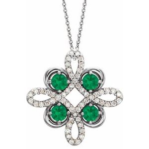 Platinum Natural Emerald & 1/6 CTW Natural Diamond Clover 18" Necklace