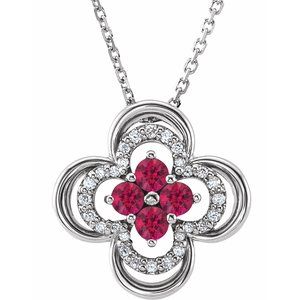 14K White Natural Ruby & .08 CTW Natural Diamond Clover 18" Necklace