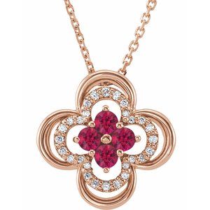 14K Rose Lab-Grown Ruby & .08 CTW Natural Diamond Clover 18" Necklace