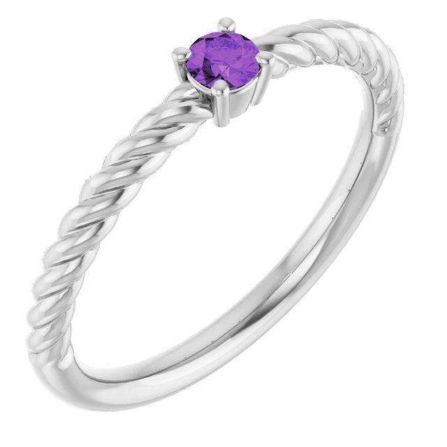 Platinum 3 mm Natural Amethyst Solitaire Rope Ring