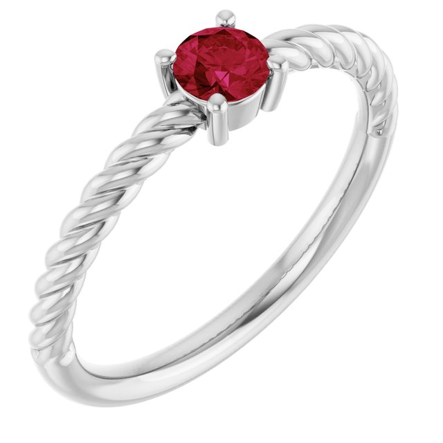 14K White 4 mm Natural Ruby Solitaire Rope Ring