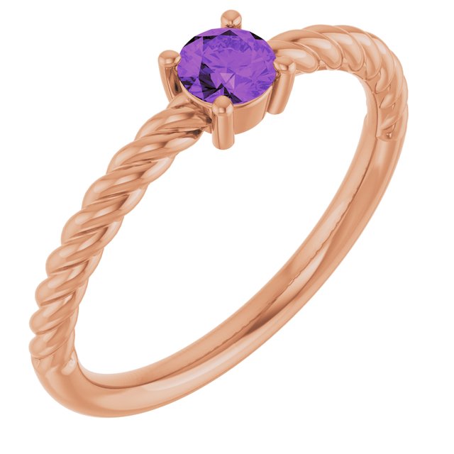 14K Rose 4 mm Natural Amethyst Solitaire Rope Ring