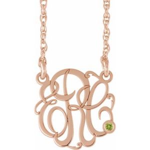 14K Rose 20 mm 3-Initials Imitation Peridot Script Monogram 18" Necklace