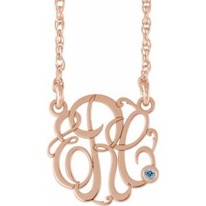 14K Rose Gold-Plated Sterling Silver 25 mm 3-Initials Imitation Aquamarine Script Monogram 18" Necklace