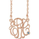 14K Rose 30 mm 3-Initials Imitation Aquamarine Script Monogram 18" Necklace
