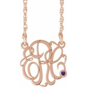 14K Rose 20 mm 3-Initials Imitation Amethyst Script Monogram 18" Necklace
