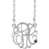 10K White 30 mm 3-Initials Imitation Mozambique Garnet Script Monogram 18" Necklace