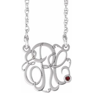 10K White 30 mm 3-Initials Imitation Mozambique Garnet Script Monogram 18" Necklace