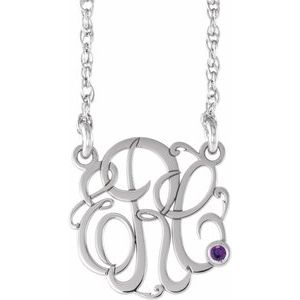 14K White 25 mm 3-Initials Imitation Amethyst Script Monogram 18" Necklace