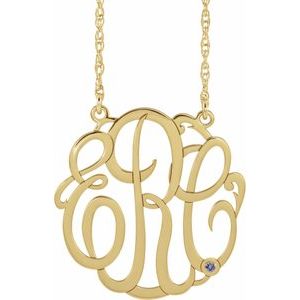10K Yellow 25 mm 3-Initials Imitation Blue Zircon Script Monogram 18" Necklace