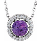 14K White Natural Amethyst & .05 CTW Natural Diamond Halo-Style 16" Necklace