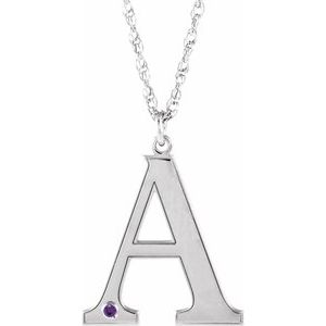 10K White Engravable Imitation Amethyst Initial A 18" Necklace
