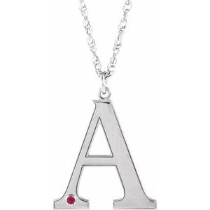 10K White Engravable Imitation Ruby Initial A 18" Necklace