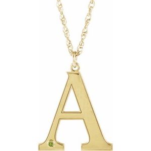 10K Yellow Engravable Imitation Peridot Initial A 18" Necklace