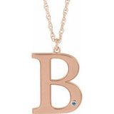14K Rose Engravable Imitation Aquamarine Initial B 18" Necklace