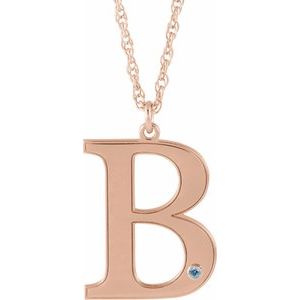 14K Rose Engravable Imitation Aquamarine Initial B 18" Necklace