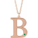 14K Rose Engravable Imitation Emerald Initial B 18" Necklace