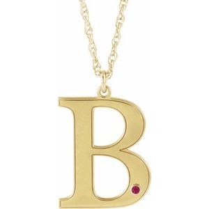 10K Yellow Engravable Imitation Ruby Initial B 18" Necklace