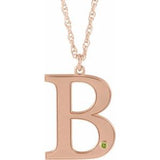 14K Rose Engravable Imitation Peridot Initial B 18" Necklace