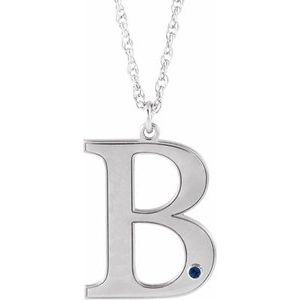 10K White Engravable Imitation Blue Sapphire Initial B 18" Necklace