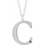 10K White Engravable Imitation Blue Sapphire Initial C 18" Necklace